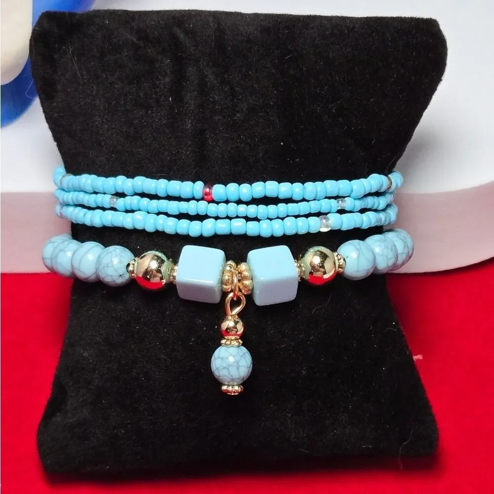 Turquoise Beaded Bracelet Set Gold Charm Stack Boho Stretch Western Southwestern